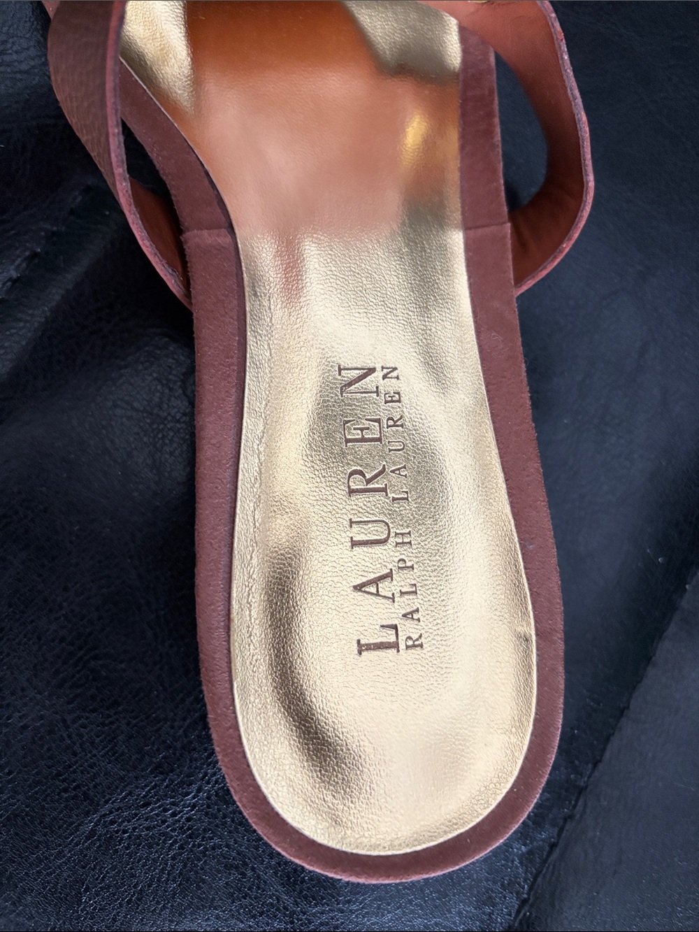 RALPH LAUREN Brown Leather Logo Thong Sandals with Gold Accents - Picture 3 of 9